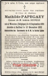 Mathilde PAPEGAEY épouse de Isidore DECREUS, décédée à Bailleul, le 13 Décembre 1932 (71 ans).